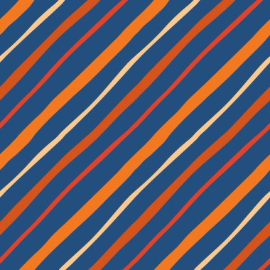 Elle çizilmiş çapraz çizgiler vektörsüz desen. Modern asgari geometrik tekrarlama tasarımı. Koyu mavi arka planda değişik genişlikte, renkli, parlak, sallanan çizgiler. Basit eğlenceli geometrik fayans