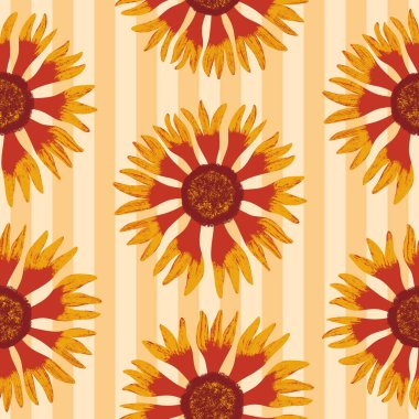 Çiçeksiz desen. Sarı arka planda parlak turuncu, kırmızı, alevli çiçekler, çizgili. Fırça dokusuyla çizilmiş canlı yaz çiçekleri. Kumaş, baskı ve ambalaj için basit tasarım