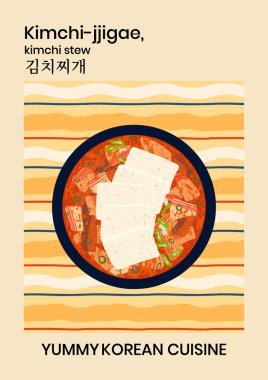 Kore mutfağı poster tasarımı. Baharatlı güveç vektör çizimi. Geleneksel Asya kimchi jjigae çorbası. Kasede tofu var. Çizgili arka planda tipografi var. Lezzetli Kore yemek duvarı sanat şablonu