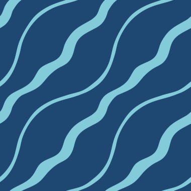 Mavi diyagonal dalgalı çizgiler vektörsüz desen. Koyu arkaplanda el çizgileri olan modern minimal tekrar tasarımı. Giysi, ev tekstili, medya ve baskı için basit geometrik fayans