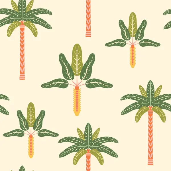 Palmiye ağaçları pürüzsüz desenli çizim yapar. Modern tropikal yaz tekerrür tasarımı stilize edilmiş simetrik hindistan cevizi ve muz ağaçları ile kumaş, dekor düz retro tarzı için arka planda