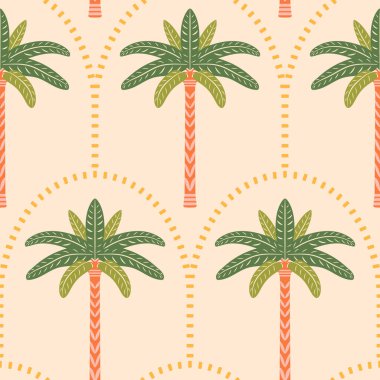 Palmiye ağaçları pürüzsüz desenli çizim yapar. Hafif deniz tarağı kemerli arka planda stilize edilmiş simetrik tropikal palmiyeler. Yaz tatili retro titreşimleri tekrar kiremit, Art deco orman bitkileri tasarım