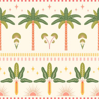 Tropikal sınırsız desensiz vektör çizimi. Palmiye ağaçları, yıldızlar, yarım güneş elementleri ile yatay yaz tasarımı, ışık arka planında kesik çizgiler. Nostaljik boho retro-esinlenmiş tekrar döşeme
