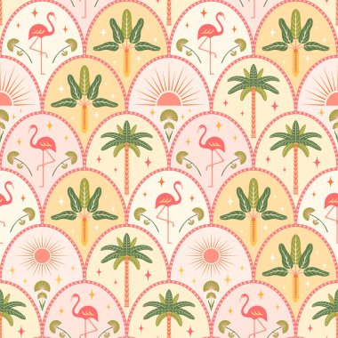 Tropik yaz, kusursuz desenli vektör çizimi. Flamingolar, simetrik palmiye ağaçları, renkli deniz tarağı kemeri üzerinde güneş şekilleri. Egzotik plaj tekrar fayans, modern stilize sanat deco tasarımı