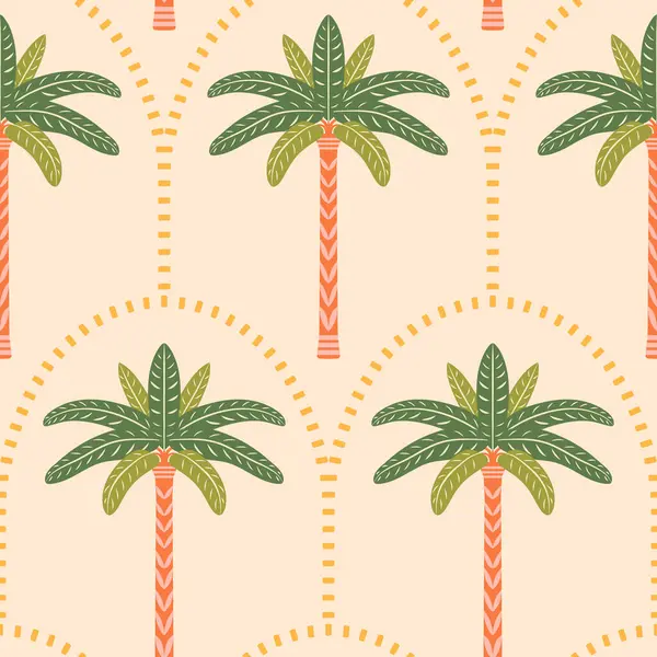 Palmiye ağaçları pürüzsüz desenli çizim yapar. Hafif deniz tarağı kemerli arka planda stilize edilmiş simetrik tropikal palmiyeler. Yaz tatili retro titreşimleri tekrar kiremit, Art deco orman bitkileri tasarım