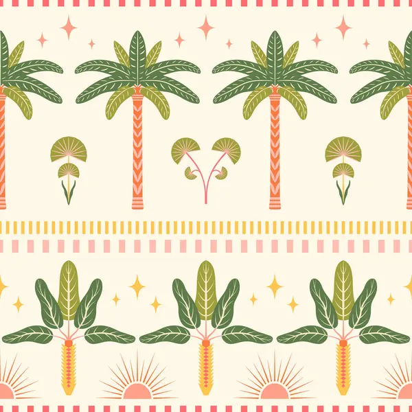 Tropikal sınırsız desensiz vektör çizimi. Palmiye ağaçları, yıldızlar, yarım güneş elementleri ile yatay yaz tasarımı, ışık arka planında kesik çizgiler. Nostaljik boho retro-esinlenmiş tekrar döşeme