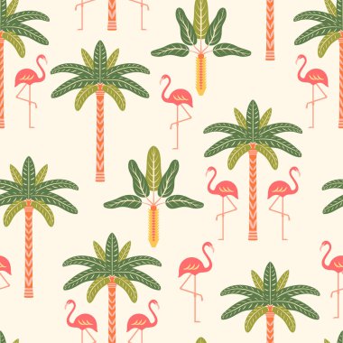 Tropik yaz vektörü kusursuz desen çizimi. Egzotik orman tatili flamingolarla tekrar fayans, arka planda simetrik palmiye ağaçları. Biçimlendirilmiş modern, neşeli Art deco tasarımı