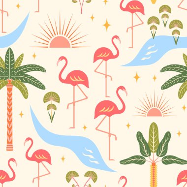 Flamingolar kusursuz model vektör çizimi. Nehir kıyısında tropik pembe flamingo kuşları, egzotik palmiye ağaçları, ışık arka planında dekoratif göksel semboller. Sevimli renkli boho yaz titreşimleri tasarımı