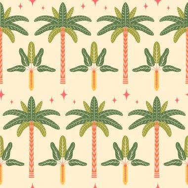Modern palmiye ağaçları pürüzsüz desen çizimi. Simetrik egzotik ada palmiyeleri ve boho yıldızları açık bej arka planda düz geçmişe dönük tropik yaz seramik tasarımı