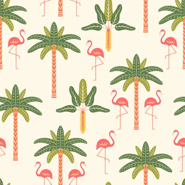 Tropik yaz vektörü kusursuz desen çizimi. Egzotik orman tatili flamingolarla tekrar fayans, arka planda simetrik palmiye ağaçları. Biçimlendirilmiş modern, neşeli Art deco tasarımı