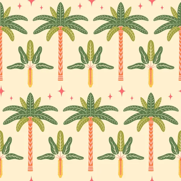 Modern palmiye ağaçları pürüzsüz desen çizimi. Simetrik egzotik ada palmiyeleri ve boho yıldızları açık bej arka planda düz geçmişe dönük tropik yaz seramik tasarımı