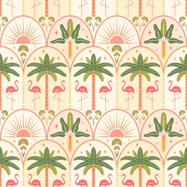 Tropik plajsız desensiz vektör çizimi. Flamingolar, palmiye ağaçları, Art deco kemerlerindeki güneş. Yaz adası tatili titreşimleri modern simetrik tarzda fayans tasarımını tekrarlıyor