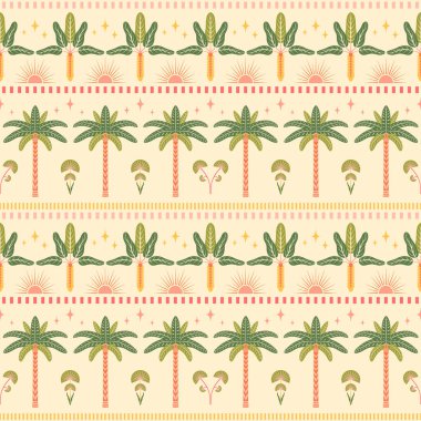 Tropikal sınırsız desensiz vektör çizimi. Palmiye ağaçları, yıldızlar, yarım güneş elementleri ile yatay yaz tasarımı, ışık arka planında kesik çizgiler. Nostaljik boho retro-esinlenmiş tekrar döşeme