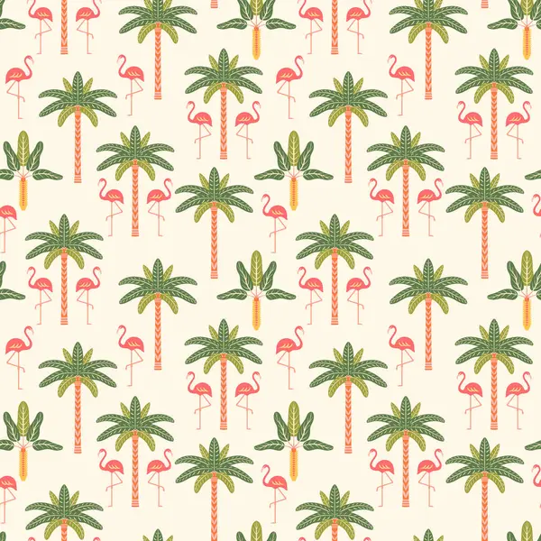Tropik yaz vektörü kusursuz desen çizimi. Egzotik orman tatili flamingolarla tekrar fayans, arka planda simetrik palmiye ağaçları. Biçimlendirilmiş modern, neşeli Art deco tasarımı