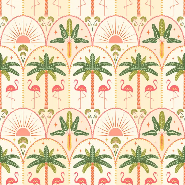 Tropik plajsız desensiz vektör çizimi. Flamingolar, palmiye ağaçları, Art deco kemerlerindeki güneş. Yaz adası tatili titreşimleri modern simetrik tarzda fayans tasarımını tekrarlıyor
