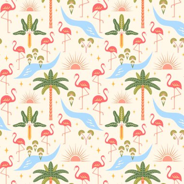 Flamingolar kusursuz model vektör çizimi. Nehir kıyısında tropik pembe flamingo kuşları, egzotik palmiye ağaçları, ışık arka planında dekoratif göksel semboller. Sevimli renkli boho yaz titreşimleri tasarımı