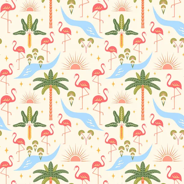 Flamingolar kusursuz model vektör çizimi. Nehir kıyısında tropik pembe flamingo kuşları, egzotik palmiye ağaçları, ışık arka planında dekoratif göksel semboller. Sevimli renkli boho yaz titreşimleri tasarımı