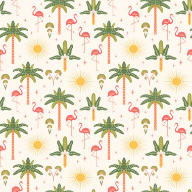 Tropik, pürüzsüz model vektör çizimi. Modern egzotik tatil flamingoları, palmiye ağaçları, açık arkaplanda simetrik Art deco tarzı güneş olan fayansları tekrar eder. Şirin boho yaz titreşimleri tasarımı