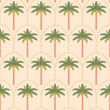 Palmiye ağaçları pürüzsüz desenli çizim yapar. Hafif deniz tarağı kemerli arka planda stilize edilmiş simetrik tropikal palmiyeler. Yaz tatili retro titreşimleri tekrar kiremit, Art deco orman bitkileri tasarım
