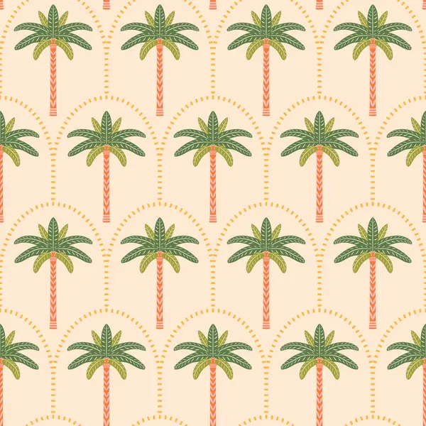 Palmiye ağaçları pürüzsüz desenli çizim yapar. Hafif deniz tarağı kemerli arka planda stilize edilmiş simetrik tropikal palmiyeler. Yaz tatili retro titreşimleri tekrar kiremit, Art deco orman bitkileri tasarım