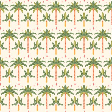 Boho palmiye ağaçları vektörsüz desen çizimi. Modern tropikal yaz yinelenen karo tasarımı stilize simetrik egzotik palmiyeler ve düz geçmişe dönük nostaljik tarzda ışık arkaplan yıldızları ile