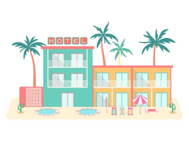 Tropik otel vektör çizimi. Balkonları, havuzu, palmiye ağaçları, güneşlik yatakları ve beyaz arka planda izole edilmiş şemsiyesi olan geçmişe dönük yaz binaları. Plaj tatili ve turizm tasarımı için düz çizgi film sahnesi