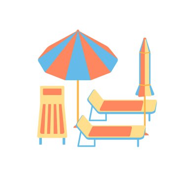 Güneş şezlongları ve güneş şemsiyesi çizimi. Renkli çizgili plaj şemsiyesi ve beyaz arka planda izole edilmiş güneşlik yatakları. Yaz tatili kompozisyonu, deniz kenarında güneşlenme düz çizgi film tarzında rahatlama.