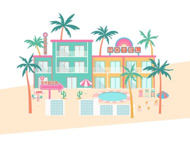 Tropik otel vektör çizimi. Balkonları, havuzu, palmiyeleri, güneşliği olan renkli bir otel binası beyaz arka planda izole edilmiş bir şemsiye. Turizm tasarımı için düz yaz tatili manzarası