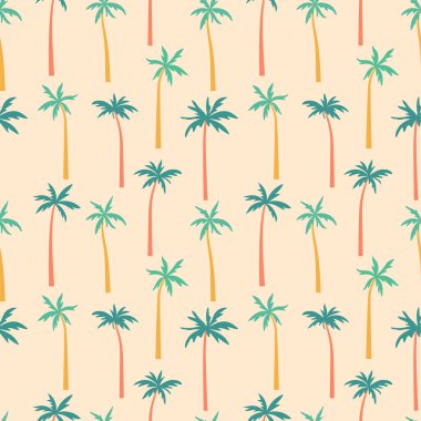 Palmiye ağaçları pürüzsüz bir desen çiziyor. Kum bej arka planında kıvrımlı gövdesi olan tropik ada ağaçları. Egzotik orman bitkileri basit minimalist düz çizgi film tarzında yaz tasarımı için siluetler