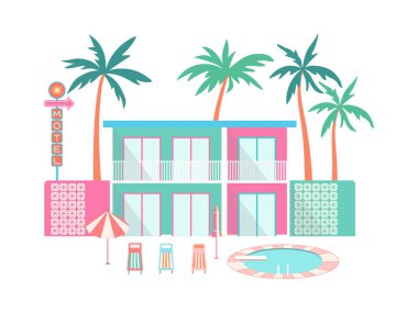 Retro motel vektör çizimi. Yüzyılın ortalarında modern tarzda renkli bir otel binası. Balkonları, havuzu, palmiye ağaçları, güneşlik yatakları ve beyaz arka planda izole edilmiş şemsiyesi var. Plaj tatili düz tasarım