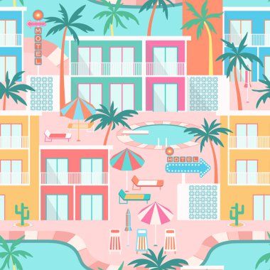 Tropik otel sahnesi kusursuz. Palmiye ağaçları, güneş pansiyonları, şemsiyeler, motel binaları, turkuaz havuz, çağdaş tarzda retro motel tabelaları olan renkli havuz manzaraları.