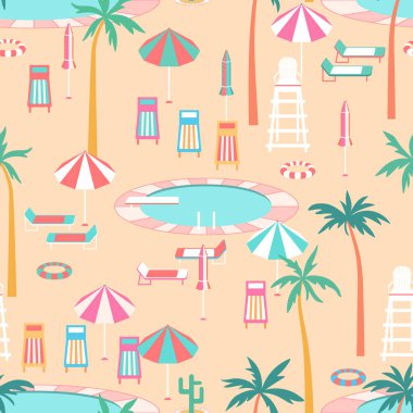 Tropik tatil havuz kenarı sahne vektörü kusursuz desen. Yuvarlak havuz, yüzme yüzükleri, palmiye ağaçları, renkli güneş şezlongları, şemsiyeler, kumsaldaki cankurtaran sandalyesi. Eğlenceli yaz tatili fayansları tekrarla