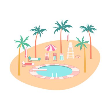 Tropik tatil havuz başı sahne vektör illüstrasyonu. Dalış tahtalı yuvarlak havuz, palmiye ağaçları renkli şezlonglar, güneş şemsiyesi, sahil kenarında cankurtaran sandalyesi. Yaz tatil köyü bileşimi