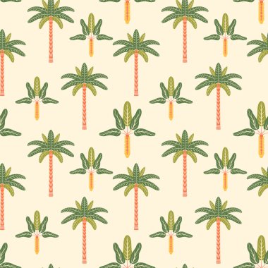 Palmiye ağaçları pürüzsüz desenli çizim yapar. Modern tropikal yaz tekerrür tasarımı stilize simetrik egzotik ada bitkilerinin kumaş, dekor için hafif bir arka plan düz retro tarzı