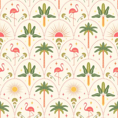 Tropik, pürüzsüz model vektör çizimi. Pembe flamingolar, parlak palmiye ağaçları, açık deniz tarağının üzerinde güneş şekilleri. Yaz tatili titreşimleri tekrar fayans tasarımı, modern simetrik stil