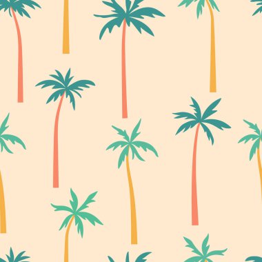 Palmiye ağaçları pürüzsüz bir desen çiziyor. Kum bej arka planında kıvrımlı gövdesi olan tropik ada ağaçları. Egzotik orman bitkileri basit minimalist düz çizgi film tarzında yaz tasarımı için siluetler
