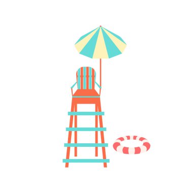 Cankurtaran sandalyesi çizimi. Beyaz arka planda izole edilmiş çizgili şemsiyeli ve yüzme yüzüklü renkli parlak plaj cankurtaran sandalyesi. Deniz, havuz yüzme güvenlik gözlem ekipmanları