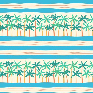 Palmiye ağaçları pürüzsüz bir desen çiziyor. Palmiyeli tropik plaj tasarımı ve kum bej arka planında mavi dalgalı çizgiler. Egzotik yaz tatili kumaşlar ve dekorlar için düz çizgi film tarzı fayansları tekrarla
