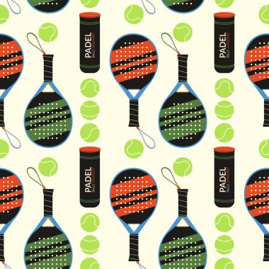Padel spor ekipmanı vektörü kusursuz desen. Padel raketler, toplar, krem arka planda basınç tüpü çizimleri. Modern mahkeme oyunu fayans tasarımını tekrarlıyor. Padel turnuvası, hobi aktivitesi