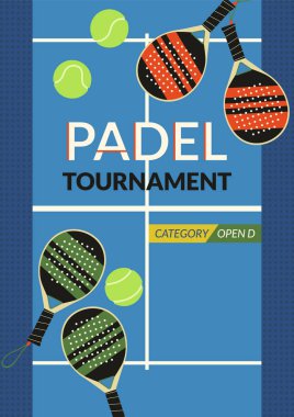 Padel turnuvası vektör pankartı. Mavi kort arka planında fotokopi alanı olan Padel raketleri ve toplar. Açık D kategori yarışması. Modern takım raket oyunu dikey uçuş şablonu tasarımı