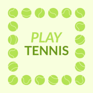 Tenis topları vektör sınır çerçevesi. Açık yeşil arka planda popüler mahkeme oyunu için klasik yeşil tenis toplarıyla kare şablonu. Turnuva duyurusu için afiş, medya, spor mağazası reklamları, kartlar