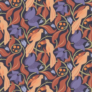 Kuşlar ve çiçeklerin vektörleri pürüzsüz. Zarif botanik detaylı tasarım karoları, kuşlar, mor çiçekler, böğürtlenler, koyu arkaplanda yapraklar. Dekoratif maksimum kaliteli doğa baskısı