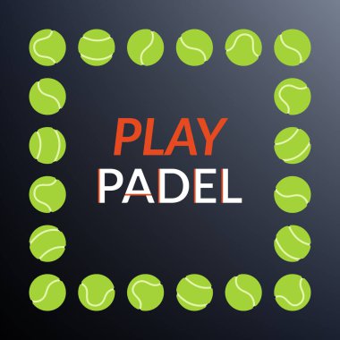 Padel topları vektör çerçevesi. Koyu arka planda modern popüler mahkeme oyunu için klasik yeşil padel toplarıyla kare şablonu. Profesyonel turnuva, medya, spor mağazaları, kartlar için pankart