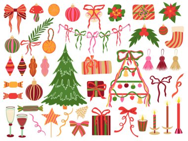 Noel süslemeleri vektörü ayarlandı. Hediye, fiyonk, Noel ağacı, çelenk, süs, beyaz arka planda izole edilmiş mumlar. Kartlar için düz şenlikli, parlak modern klima, kış tasarımı