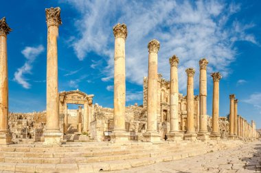 Ürdün 'deki Jerash arkeoloji kompleksindeki Maximus caddesindeki Nymphaeum' a bak.