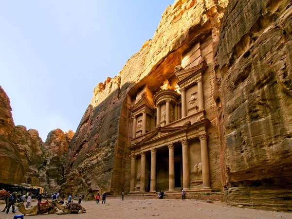 Petra Jordânia Março 2023 Primeira Vista Tesouro Siq Cidade Antiga — Fotografia de Stock