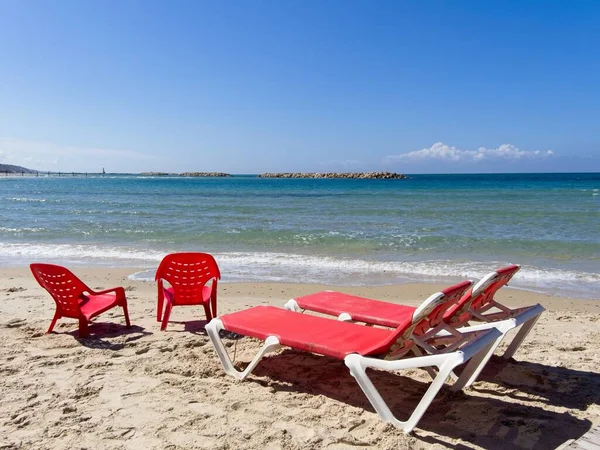 Sedie Saloni Nella Spettacolare Spiaggia Sabbiosa Netanya Israele Costa Mediterranea — Foto Stock
