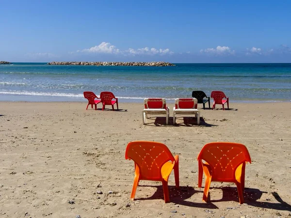 Chairs Lounges Spectacular Sandy Beach Netanya Israel Mediterranean Coast Sunny — Stock Photo, Image