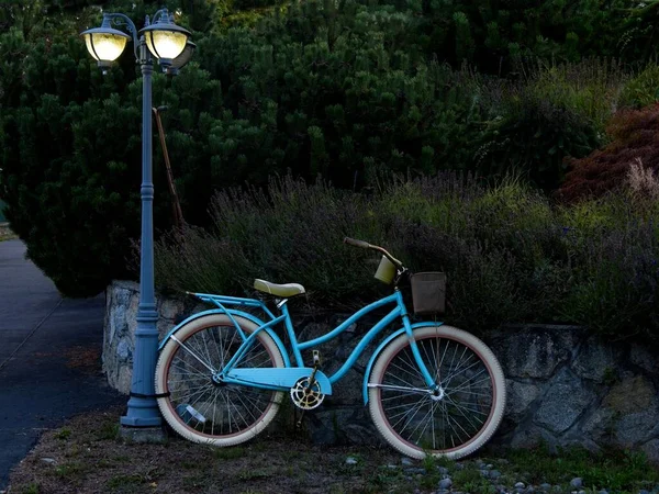 Bicicleta Azul Apoya Poste Luz Delante Casa Como Decoración — Foto de Stock