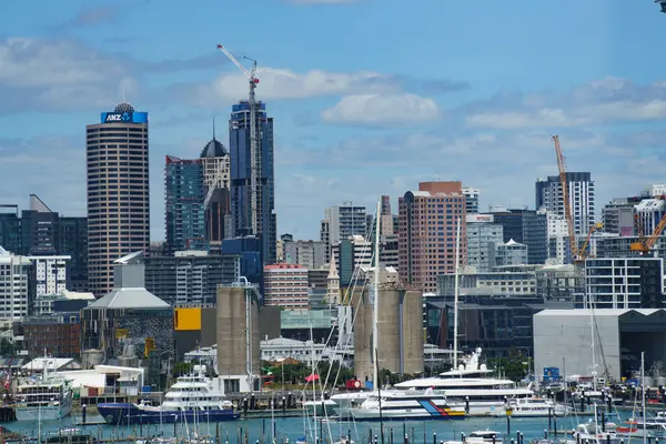Yatları, gökdelenleri, sahil kıyıları ve körfezdeki yelkenlileri olan Auckland 'ın iş bölgesinin manzarası..